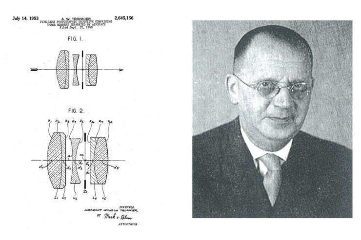 （左）1953年に出願承認されたAPO-LANTHARの特許資料、（右）設計者のアルブレヒト・ヴィルヘルム・トロニエ