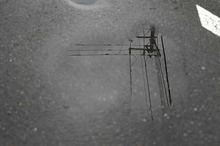 水たまりに写った電線の画像