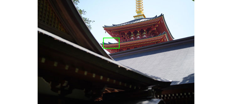 SONY FE 50mm F1.2 GMで撮影した社殿の上に見える層塔の画像（拡大前）