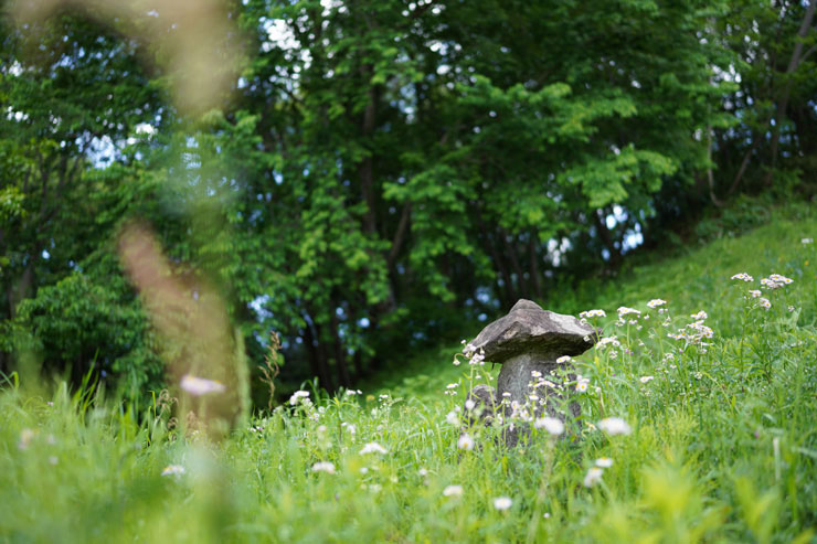 SIGMA 35mm F1.4 DG DN | Artで撮影した草むらの中にある石塔の画像