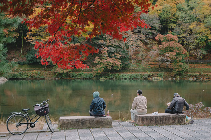 FUJIFILM（富士フイルム）X-T5・フジノンXF30mmF2.8 R LM WR Macroで撮影した紅葉した木々と湖の画像