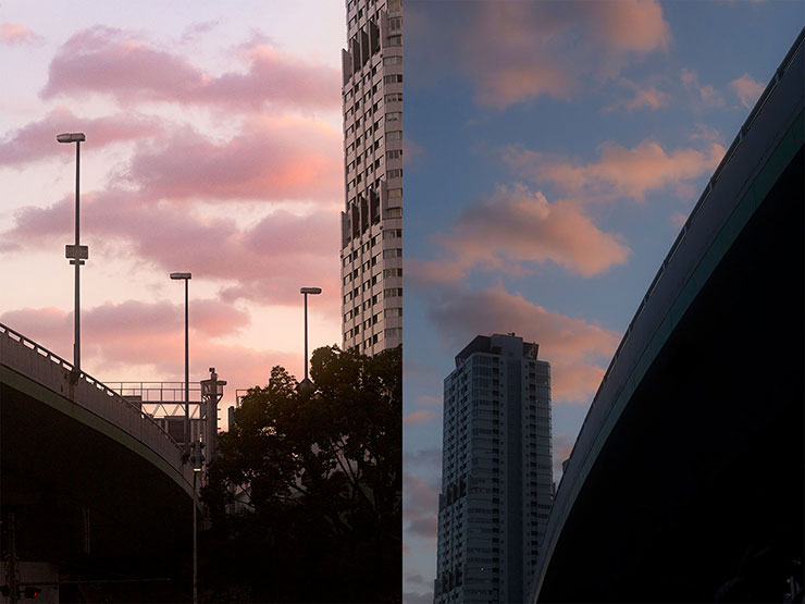 キヤノン EOS R10・RF-S18-150mm F3.5-6.3 IS STM（56mm）で撮影した夕方の街の画像2枚（同日に別の場所で撮影）