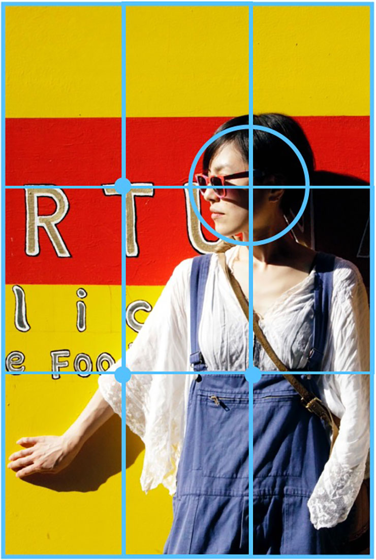 三分割法で撮影したカラフルな壁の前に立つサングラスをかけた女性の画像