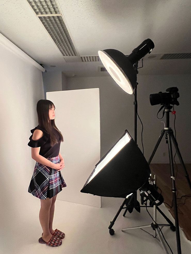 クラムシェル（Profoto D1 500 Air、Profoto ビューティディッシュ、PHOTOFLEX Lite Dome Q3 9TM[platinum series]使用）での撮影風景