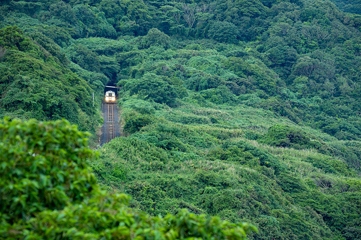 SONY α1・タムロン 150-500mm F/5-6.7 Di III VC VXD・278mmで撮影した山を走行する山陰本線の画像