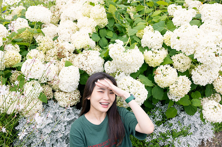 白い紫陽花の前でポーズをとる女性の画像