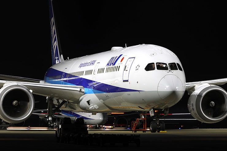 Canon EOS R1 作例：夜の空港で撮影した飛行機