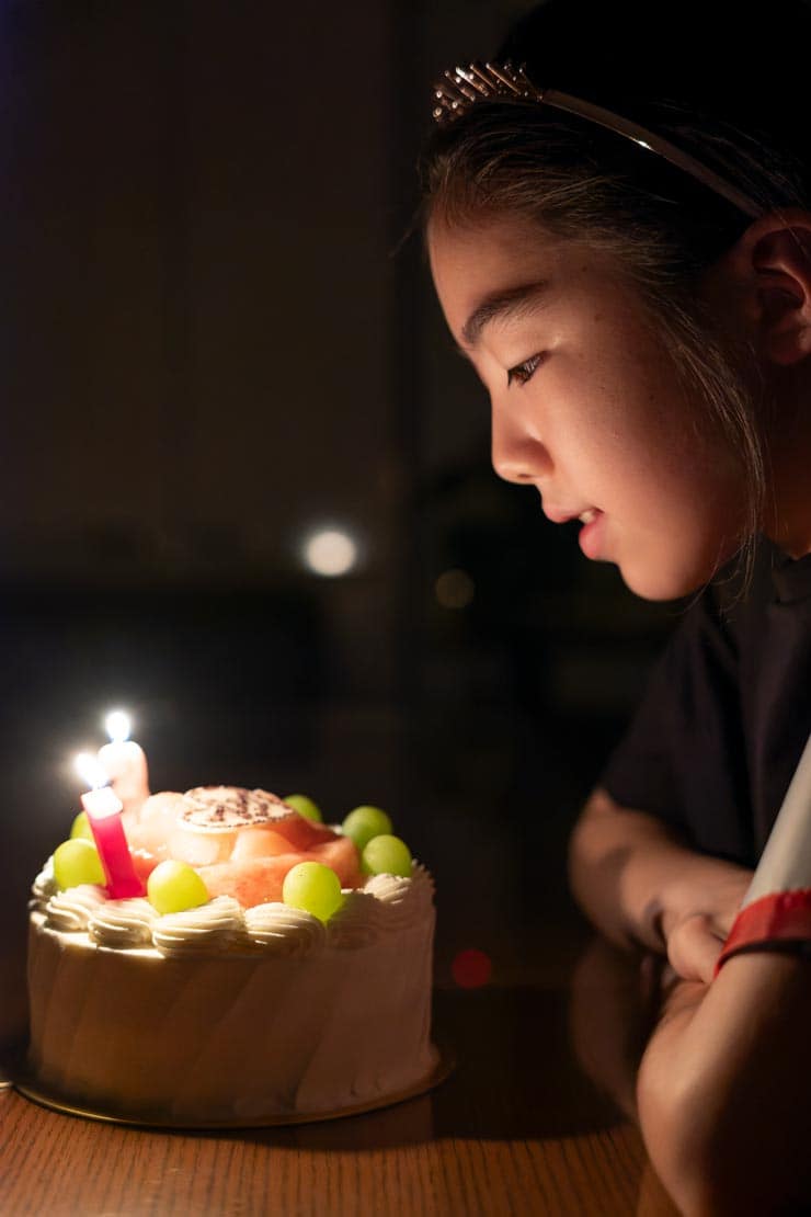 Leica バリオ・エルマリートSL f2.8/28-70mm ASPH.作例：蝋燭が灯る誕生日ケーキを見つめる女の子